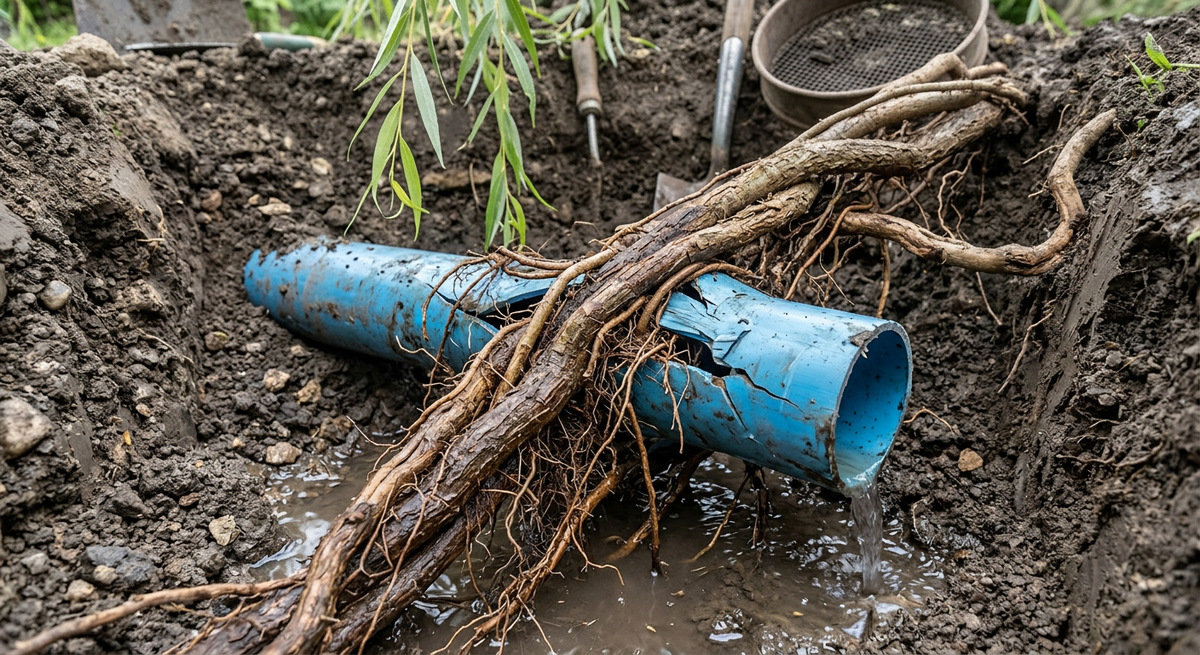 Корни ивы, повреждающие подземные коммуникации на дачном участке