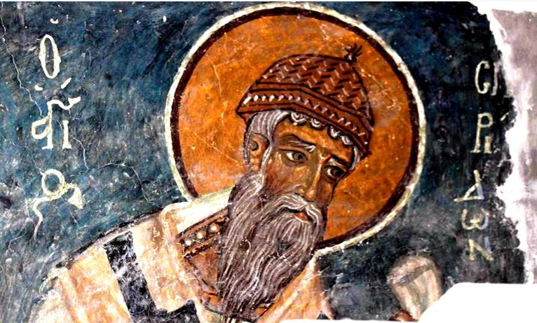 Святитель Спиридон, Епископ Тримифунтский, Чудотворец. Фреска церкви Честного Креста в Пелендри на Кипре. XIV век.
