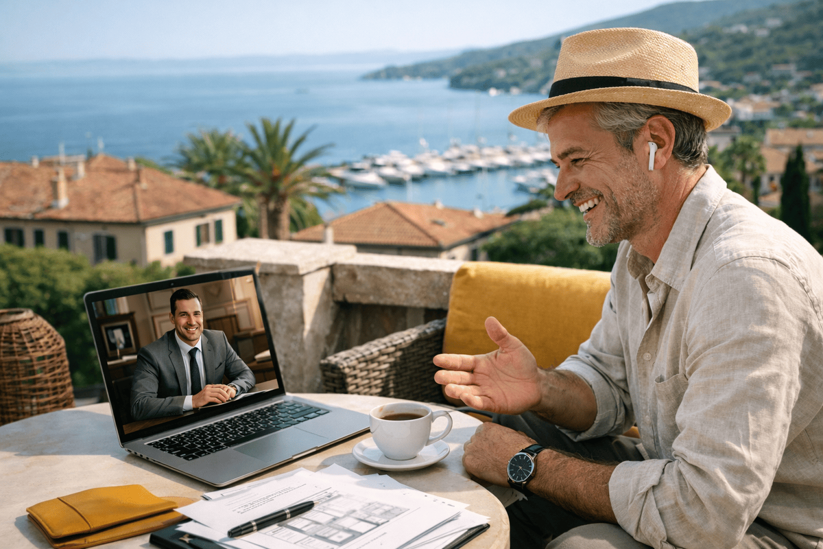 Мужчина на террасе общается по видеосвязи с ноутбука и обсуждает продажу квартиры дистанционно