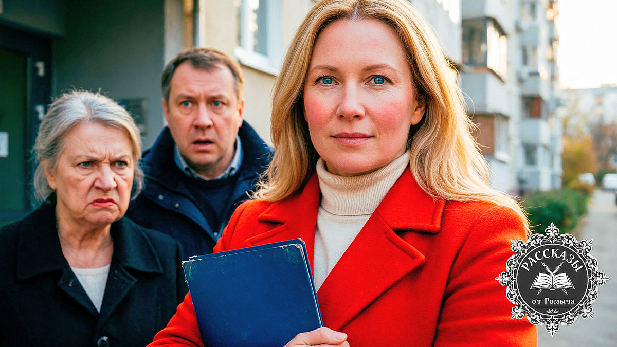 Женщина, светлый блонд, голубые глаза, в ярко-красном пальто. Она стоит вполоборота, в руках у неё папка с документами. На заднем плане, в расфокусе, растерянный мужчина и пожилая женщина с озлобленным лицом, смотрящие ей вслед у подъезда многоэтажки.