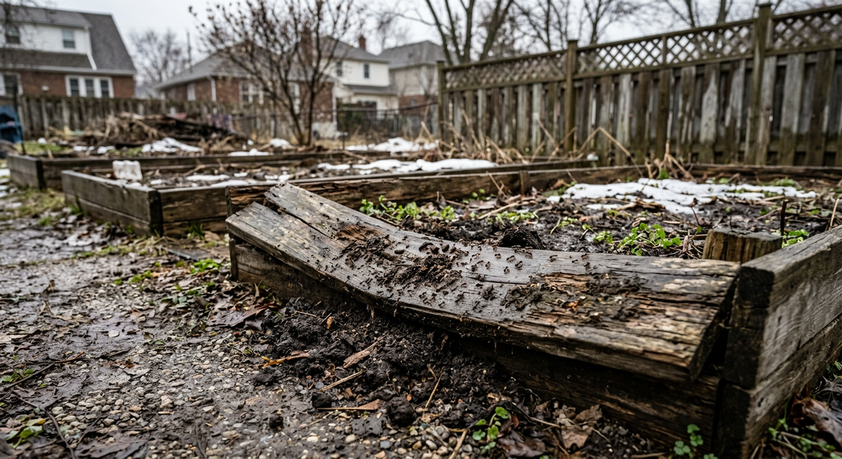 Разрушенные деревянные грядки на дачном участке весной с размякшей почвой и муравьями