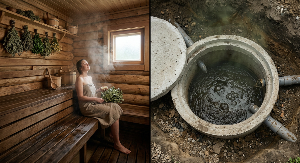 Иллюстрация испорченного септика после слива банной воды: черная жижа и неприятный запах, контраст с чистой баней