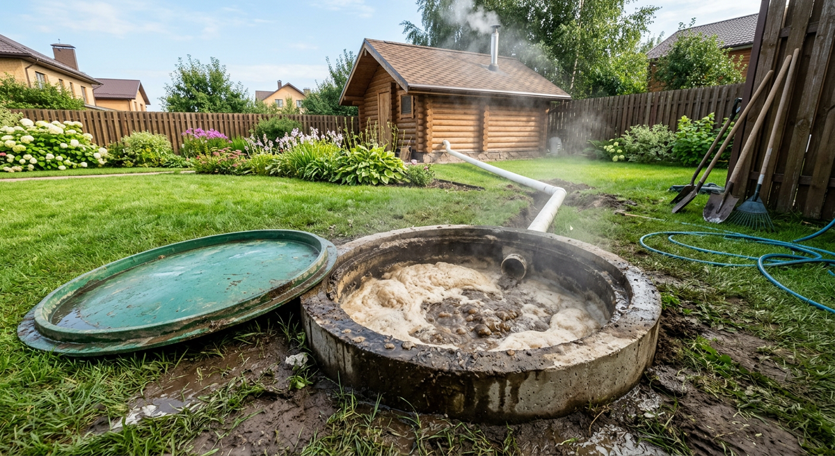 Поврежденный септик с пеной и запахом после слива воды из бани