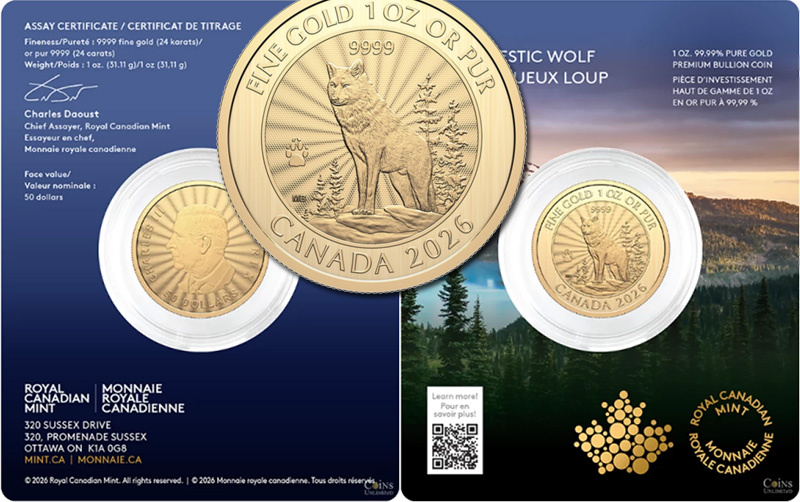 Золотая монета Канады с волком 50 долларов 2026 года