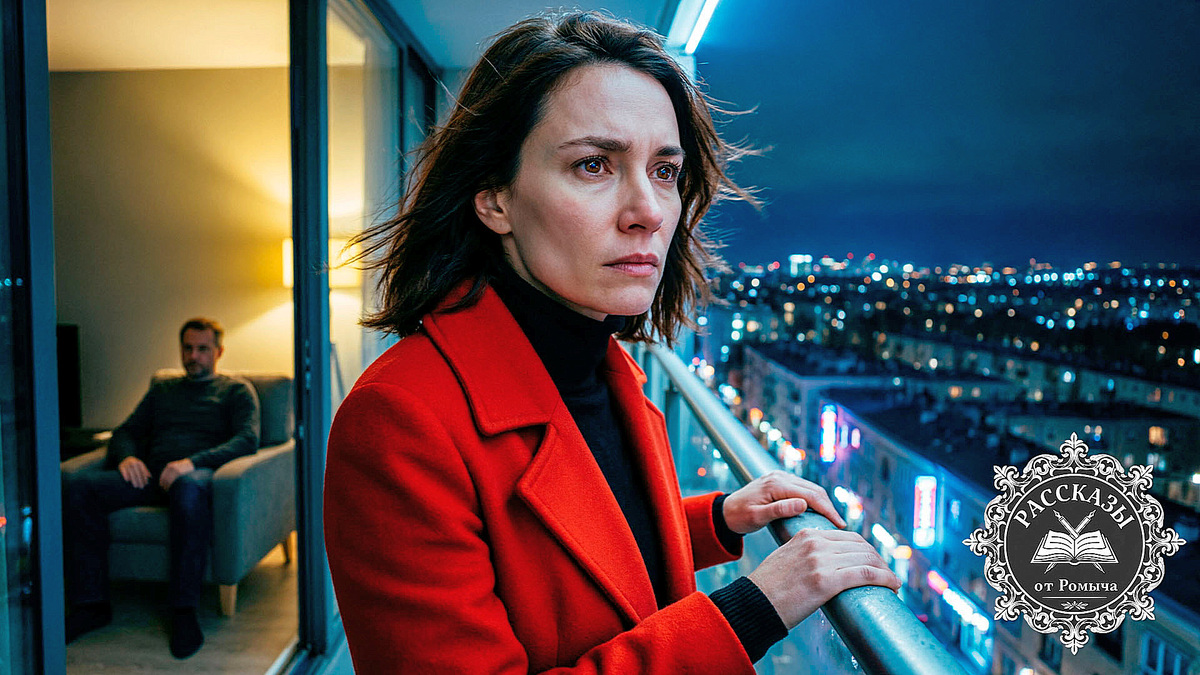 Женщина в ярко-красном пальто, стоит на ночном балконе, глядя на город. В её глазах – холодная решимость и затаенная боль. За стеклом балкона виден силуэт мужа, сидящего в пустой комнате. Фокус на лице героини и торжествующей, но горькой эмоции.