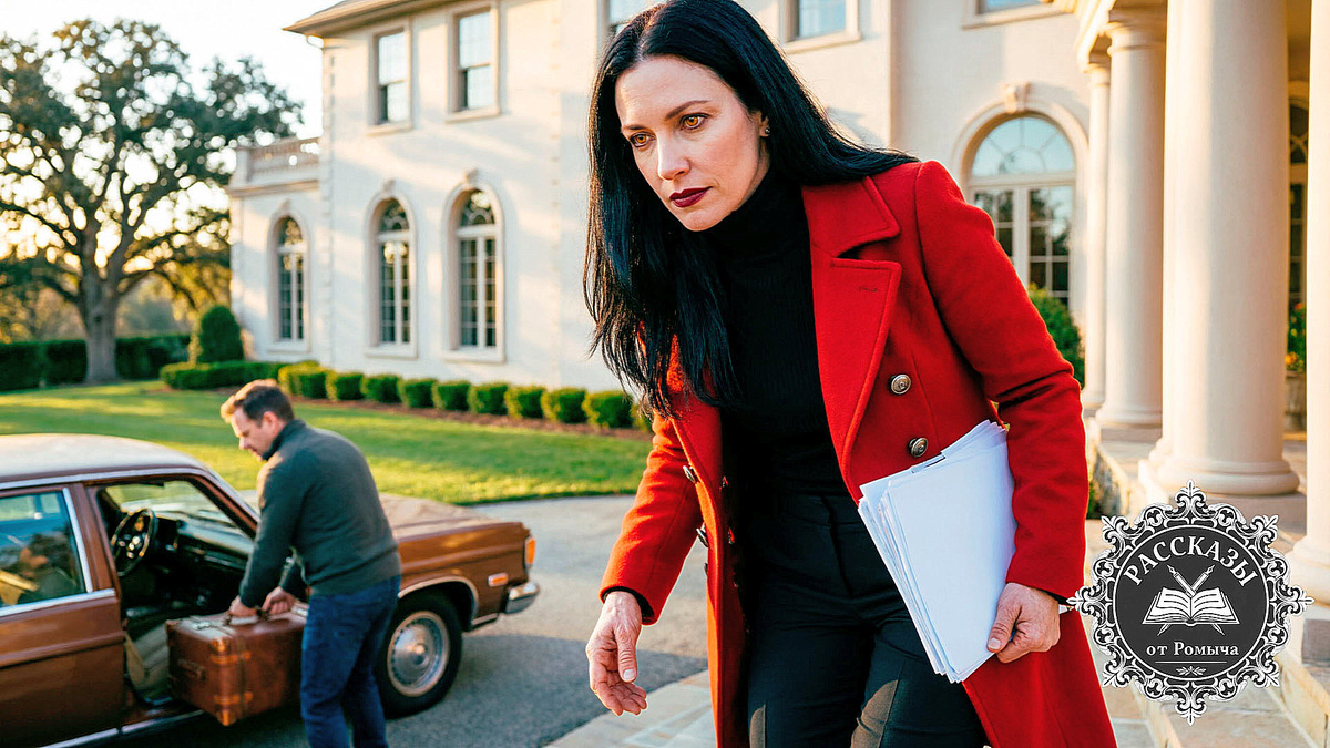 Женщина, черные волосы, янтарные глаза, в ярко-красном пальто. Она стоит на крыльце дома, с холодным торжеством глядя на мужа, который укладывает чемоданы в старую машину. На фоне роскошный загородный дом. Фокус на лице героини и её властном жесте руки, сжимающей папку с документами.