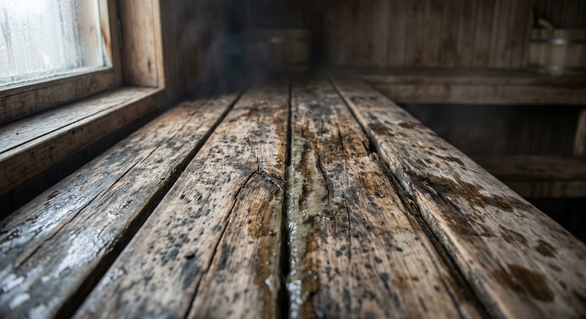 Испорченный полок в бане с грибком, плесенью и следами сырости