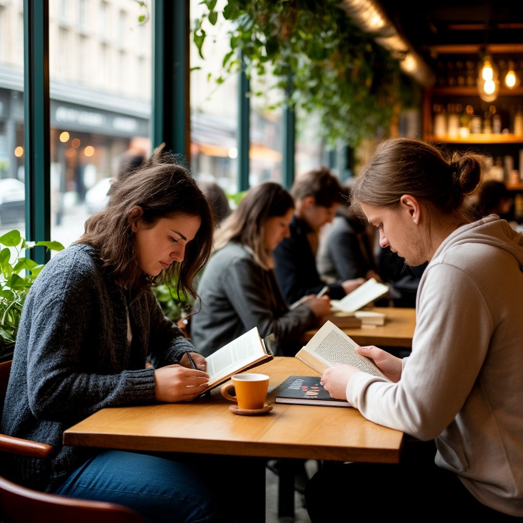 Читатели в кафе.
