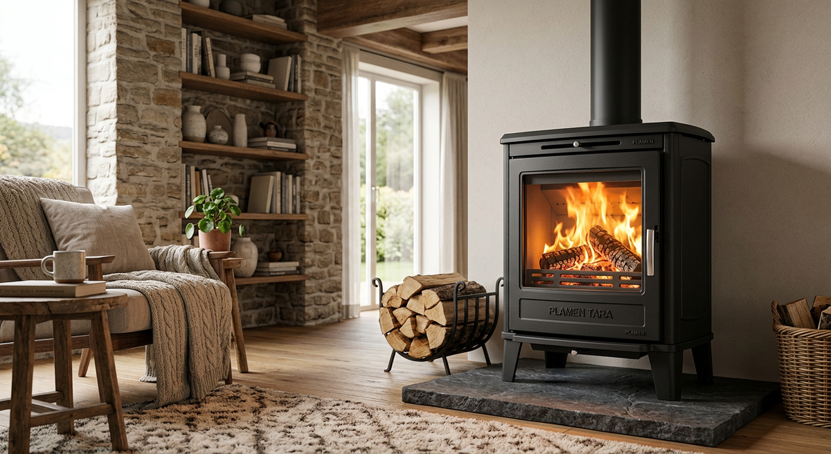 Компактная чугунная печь Plamen Tara с большой стеклянной дверцей в стильном интерьере дачного дома.