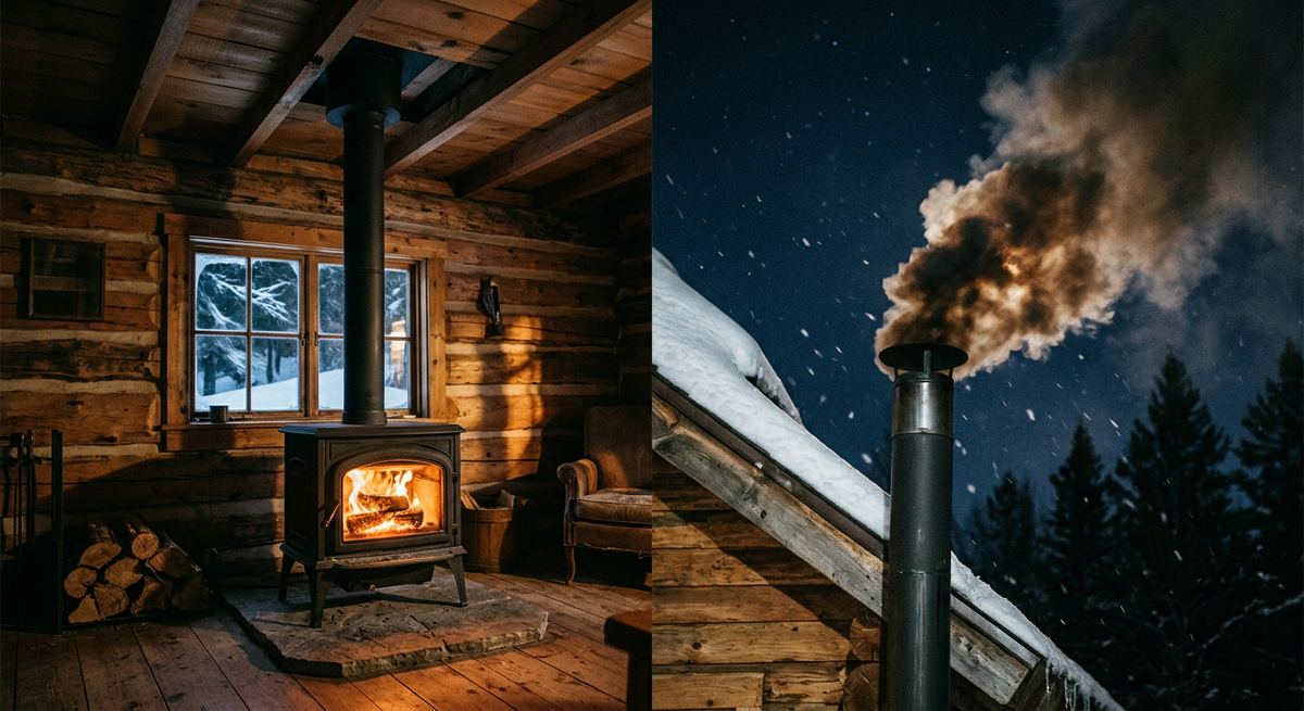 Обычная печь в загородном доме, из которой в дымоход улетают несгоревшие газы, иллюстрируя потерю тепла.