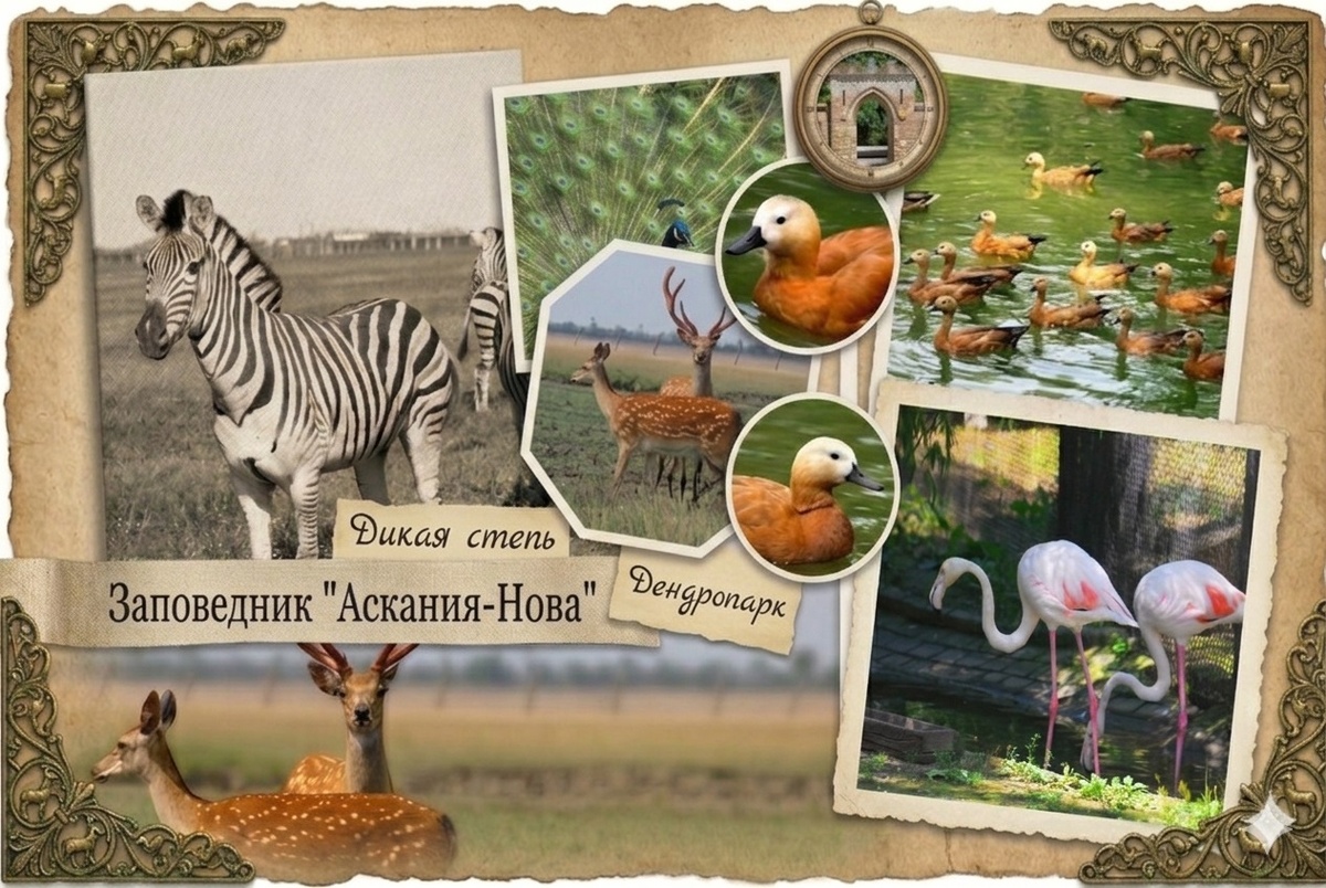 В заповеднике «Аскания-Нова» насчитывается почти 80 видов пернатых и больше 30 видов диких животных. Коллаж на основе фото из открытых источников