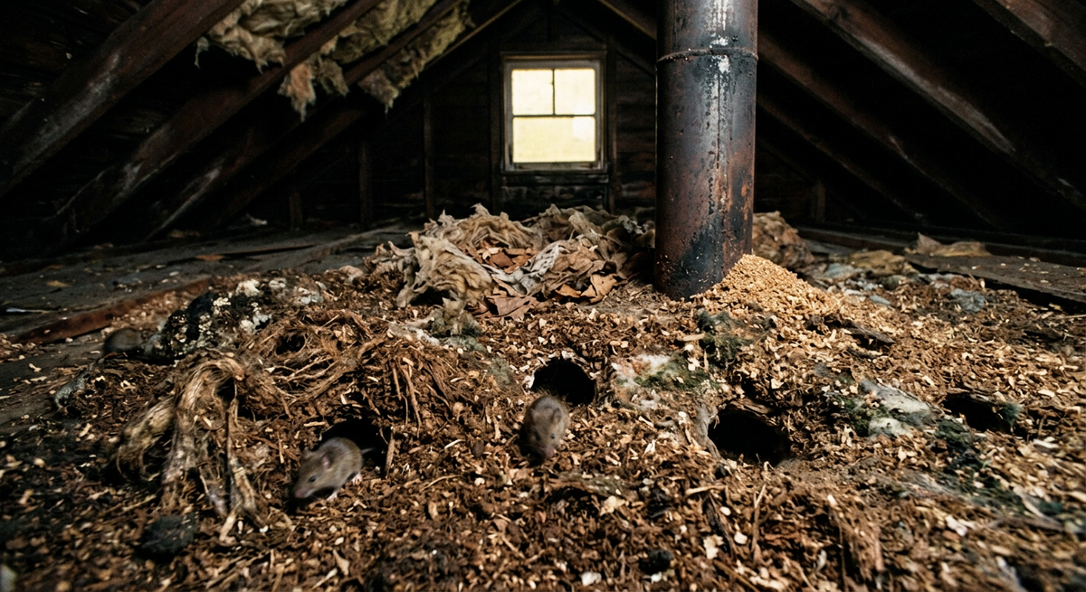 Потолок бани с намокшей минеральной ватой, просевшей и покрытой плесенью, капающий конденсат.