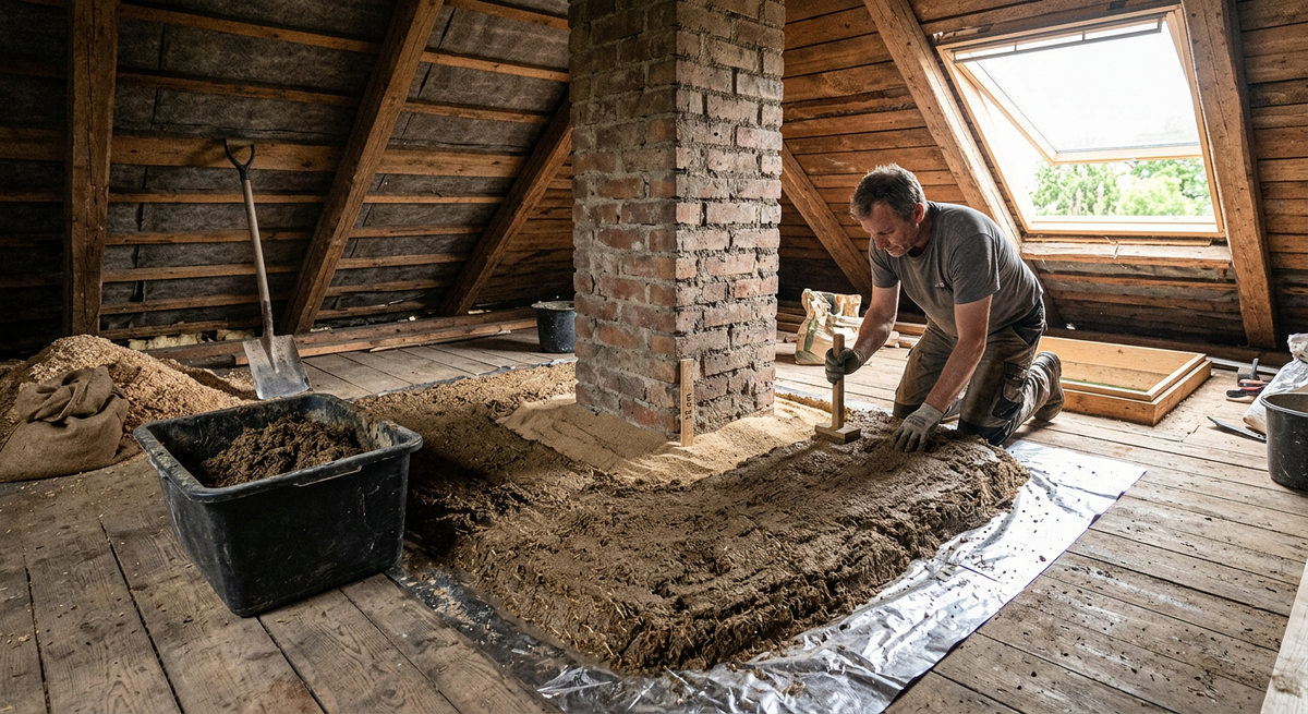Чердак бани, засыпанный гниющими опилками с следами мышей и признаками плесени.