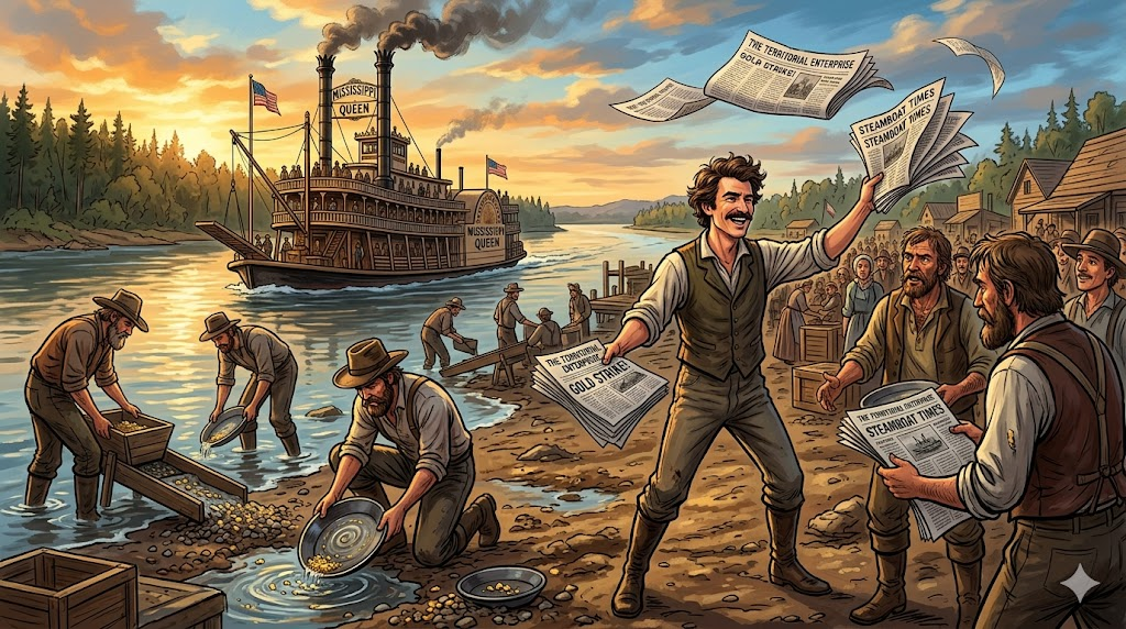 Жизнь Твена как приключение, плавание по реке, авантюры, золотоискательство.