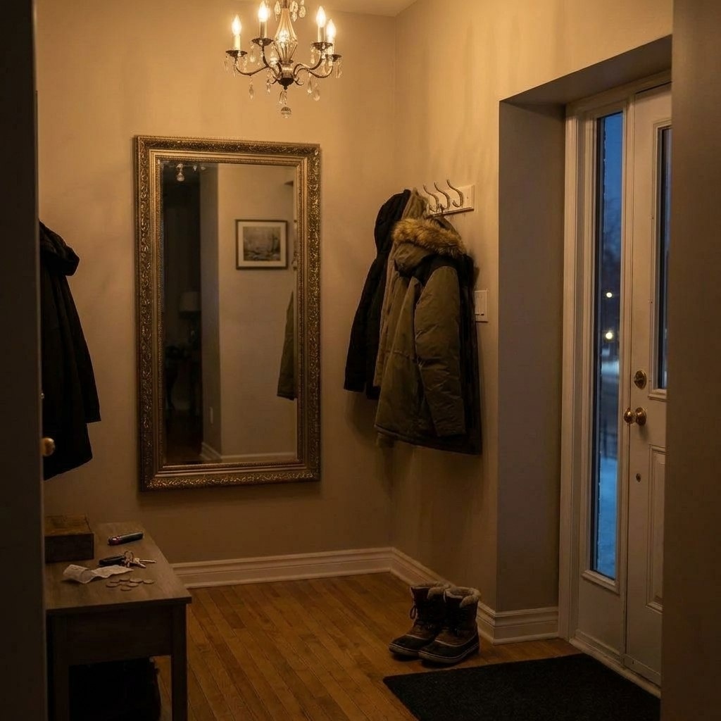 Горит свет. Висит его куртка. Внизу стоят ботинки. 