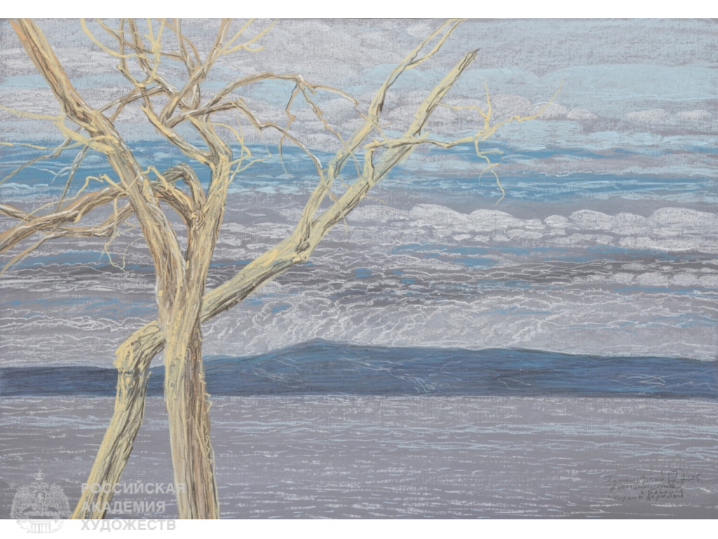 О.Г. Закоморный. Сухие деревья из цикла «Воспоминания о Байкале». 2025 г. Картон, пастель. 57х40. Собственность автора