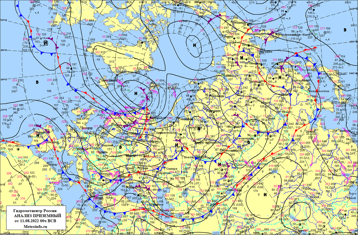    Пример синоптической картыГидрометцентр России