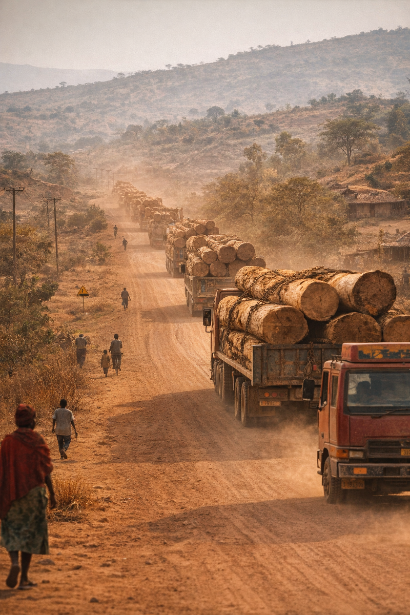 Фуры везут стволы Священной Рощи в города