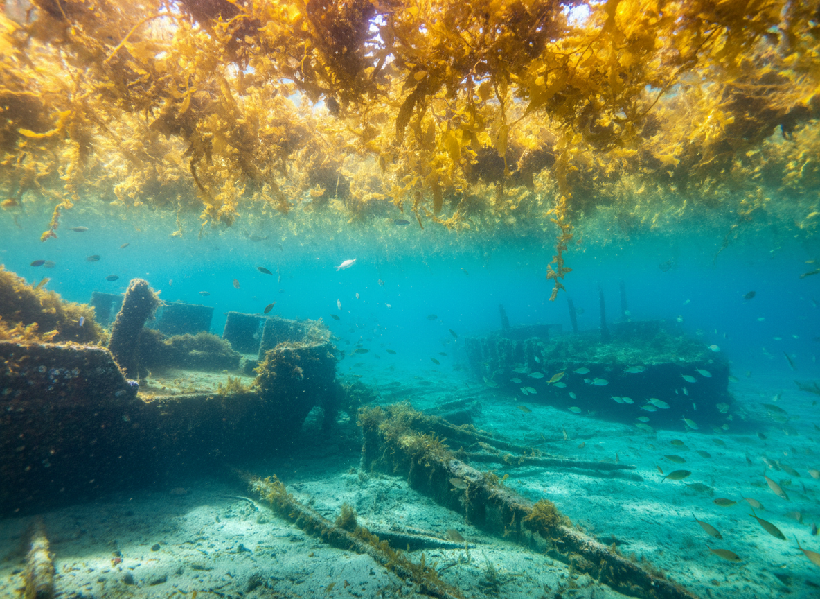 Золотистые поля саргассума на бирюзовой воде под ярким солнцем — это идеальный визуальный парадокс: красота, за которой скрывается легенда о кораблях-призраках. Читатель захочет узнать, что это за место, и почему его боялись. 🌊✨