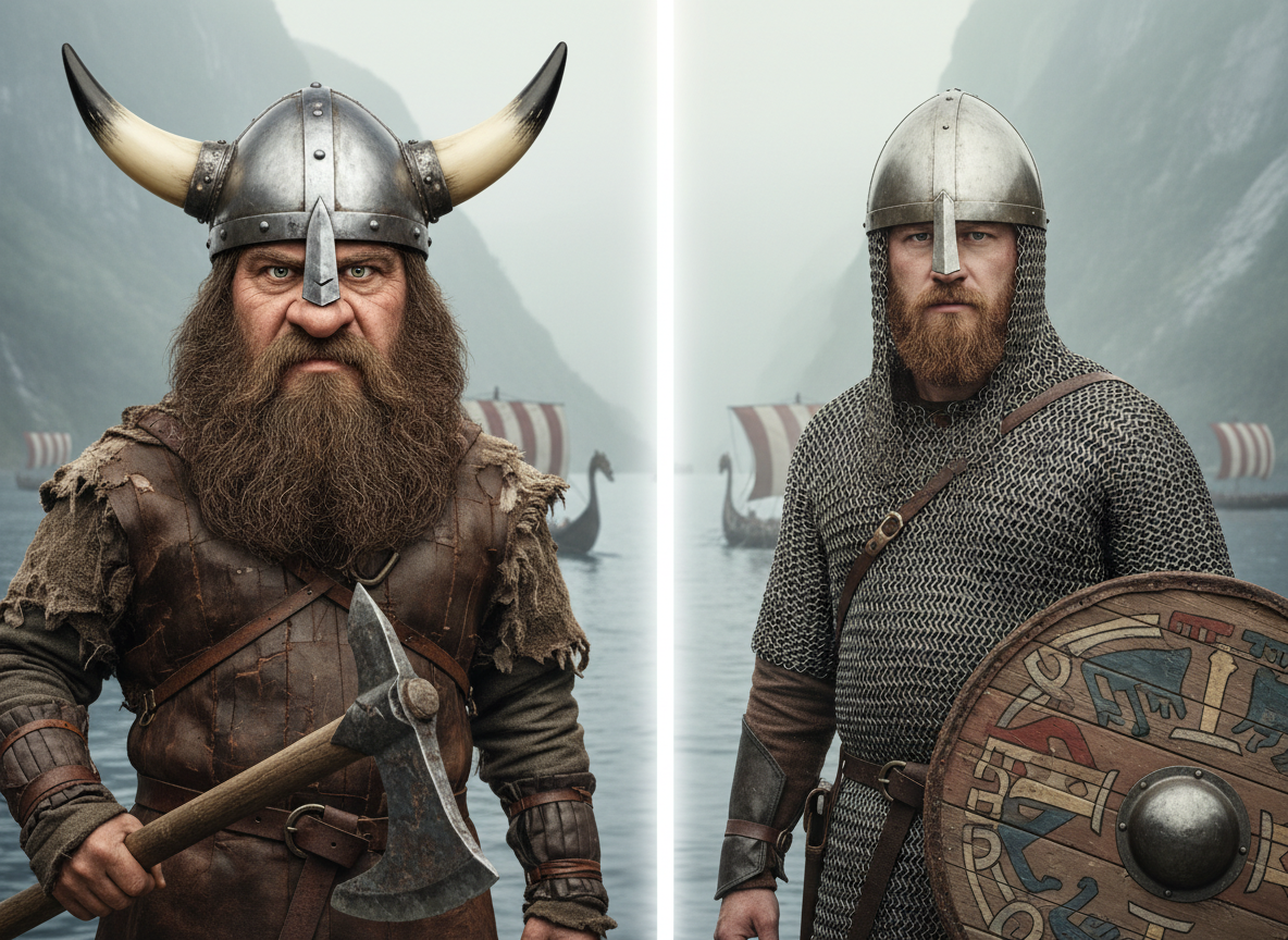 Рогатых шлемов не было. Из черепов не пили. Мылись чаще среднестатистического европейца. Викинги были не просто разбойниками, а поэтами, купцами, первопроходцами и законодателями. Но в кино они до сих пор выглядят как эти парни слева. Потому что правда менее зрелищна. Но более интересна.