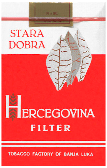Босния и Герцеговина (тогда еще Югославия), 1990 год. 20 штук с фильтром в мягкой упаковке. Производитель: Fabrika Duvana, Баня-Лука. Владелец торговой марки: Fabrika Duvana, Баня-Лука.