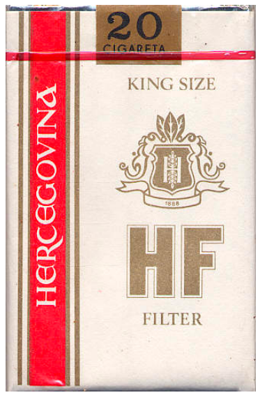 "HF" (Hercegovina Filter). Босния и Герцеговина, 1983 год. 20 штук с фильтром в мягкой упаковке. Производитель: Fabrika Duvana, Баня-Лука. Владелец торговой марки: Fabrika Duvana, Баня-Лука.