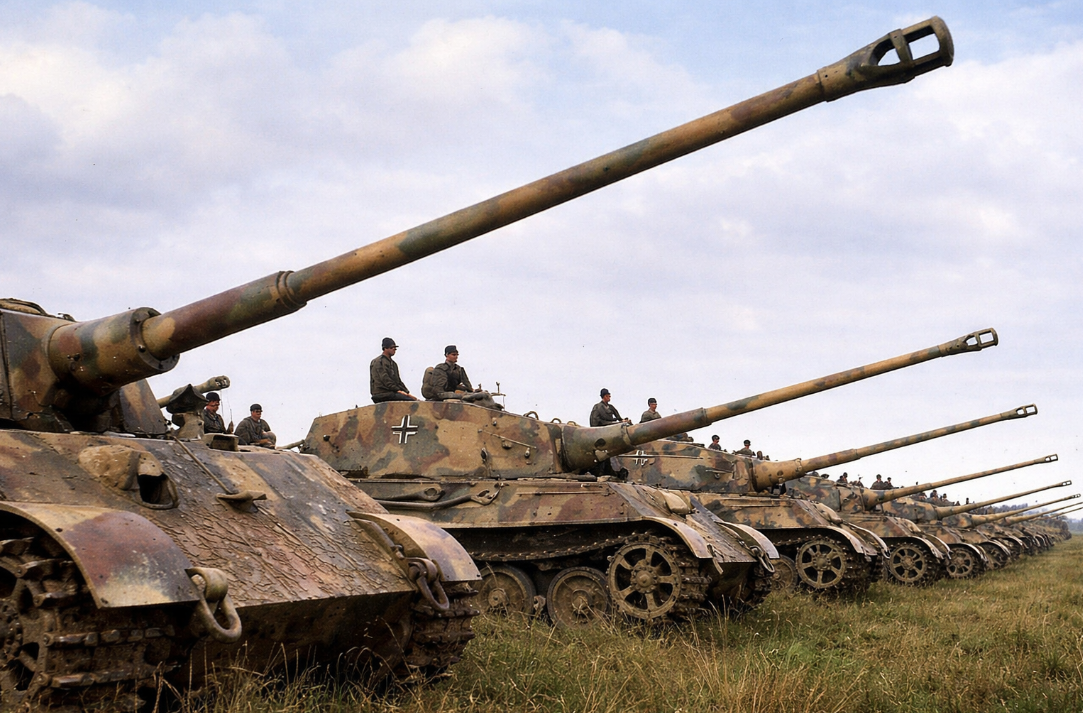 Танки Tiger II в строю для кинохроники военной пропаганды на полигоне бронетанковых войск в Сеннелагере, Германия