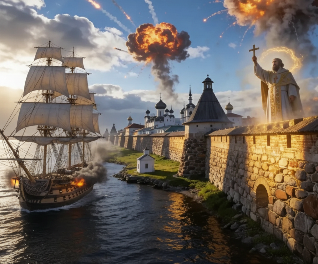 На них шли два фрегата с 60 пушками каждый. Им обещали стереть обитель с лица земли. А они ответили: «Сдавать нечего». Девять часов, 1800 снарядов обрушивались на стены. Но ни один защитник не был убит. А утром англичане ушли. Навсегда.