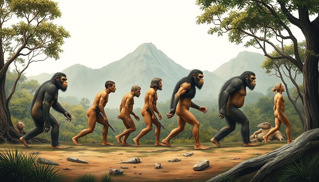    Иллюстрация, показывающая эволюционное развитие человека от обезьяноподобных предков до современного Homo sapiens на фоне первобытного ландшафта.