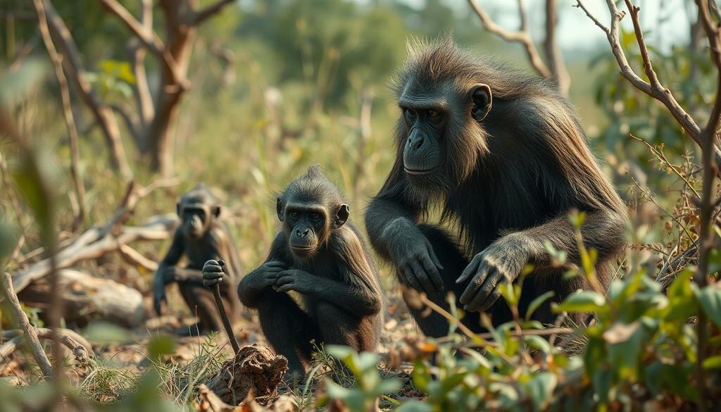    Сцена с первобытными гоминидами, такими как сахелантроп, в их естественной среде, занимающимися примитивной деятельностью на фоне изменения климата.