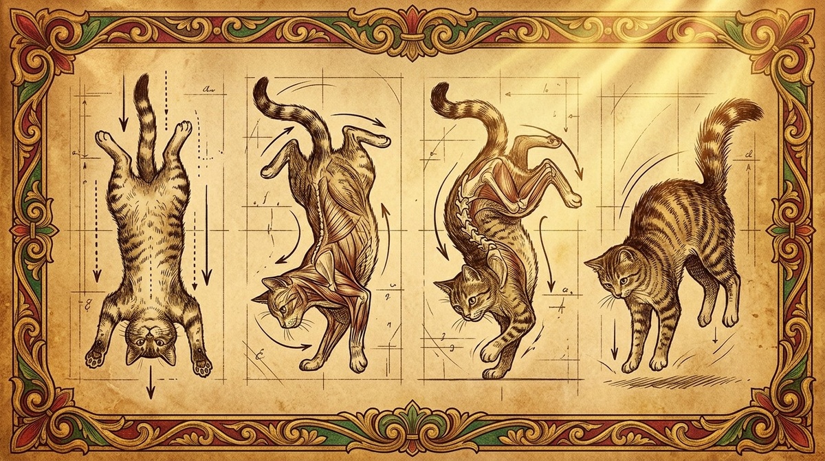 Четыре стадии кошачьего переворота - две половинки тела вращаются по-разному