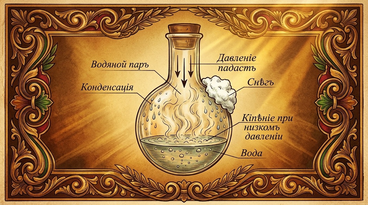 Пар конденсируется на холодных стенках - давление падает - вода кипит