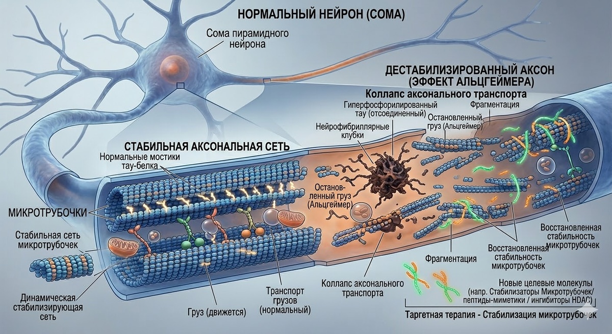 Эта иллюстрация наглядно показывает, почему стабилизация микротрубочек — это не просто устранение амилоидного мусора, а спасение функциональной транспортной системы нейрона, что является ключом к сохранению когнитивных способностей.