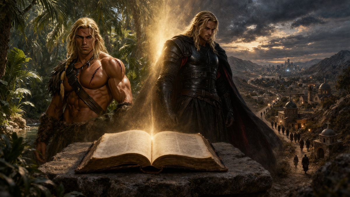 На переднем плане — раскрытая книга на каменном столе. Над ней в световом переходе соединяются два образа одного пути: молодой могучий Ятти среди оазиса и высокий Христофор в чёрных латах и мантии с красным подбоем. Вдали — мир людей, города, дороги, храмы и огни цивилизации, к которым направлена Весть. Свет собирает композицию в единый смысловой центр. Атмосфера откровения, преображения силы и начала большого пути.