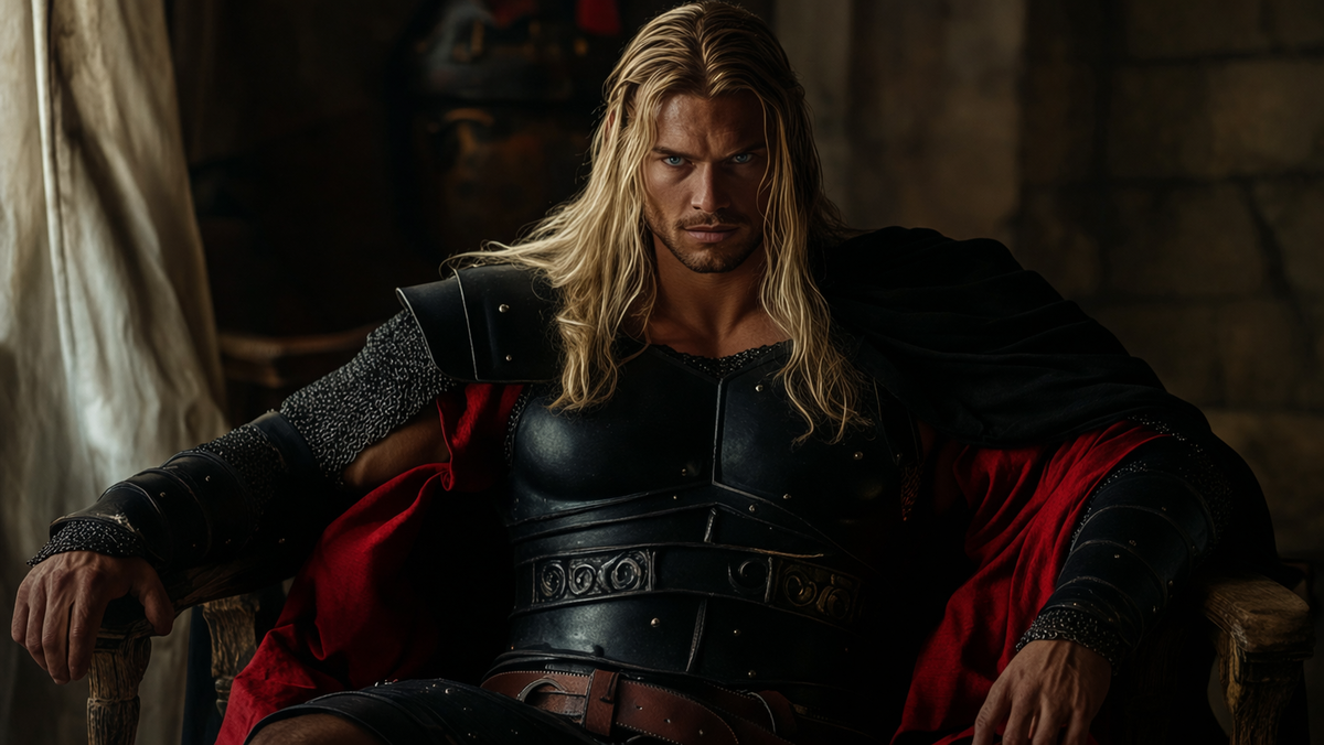 Высокий светловолосый воин с мощной атлетической фигурой сидит как властный страж и носитель тайны. На нем воронёные римские латы, чёрная тяжёлая мантия с глубоким красным подбоем, длинные светлые волосы спадают на плечи, голубые глаза смотрят холодно и пронзительно. Атмосфера не дворцовой роскоши, а внутренней силы, судьбы и скрытого откровения.