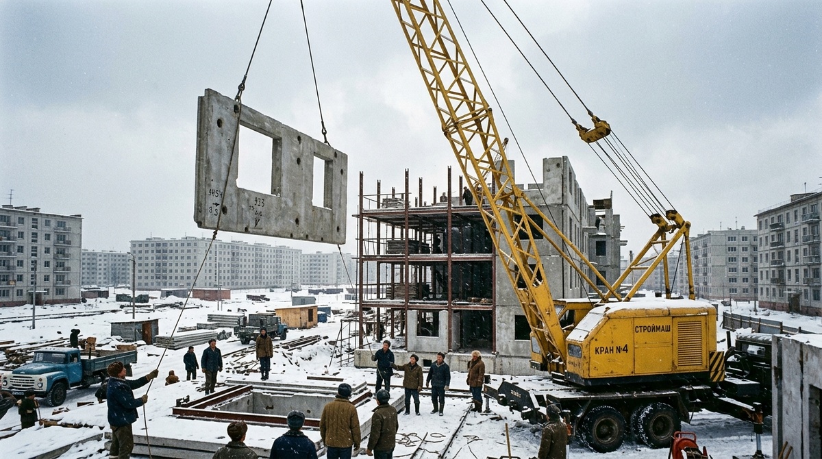 Строительство панельной хрущевки в СССР, подъем бетонной плиты