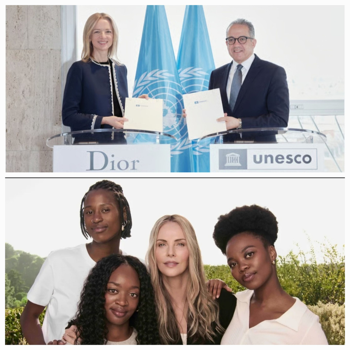 Дельфин Арно от лица Dior  и ЮНЕСКО подтверждают сотрудничество по программе Women@Dior; Шарлиз Терон и участницы беседы фонда CTAOP. Материал: Fashion Network, Marie Claire.