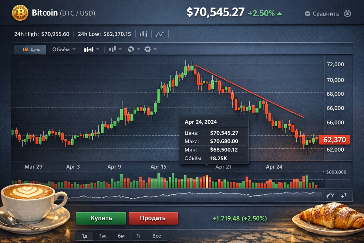 Интерактивный график курса биткоина (BTC/USD) за последний месяц: текущая цена — $70,545.27, рост на +2.5% за сутки. Максимум за месяц — $70,955.60, минимум — $62,370.15.