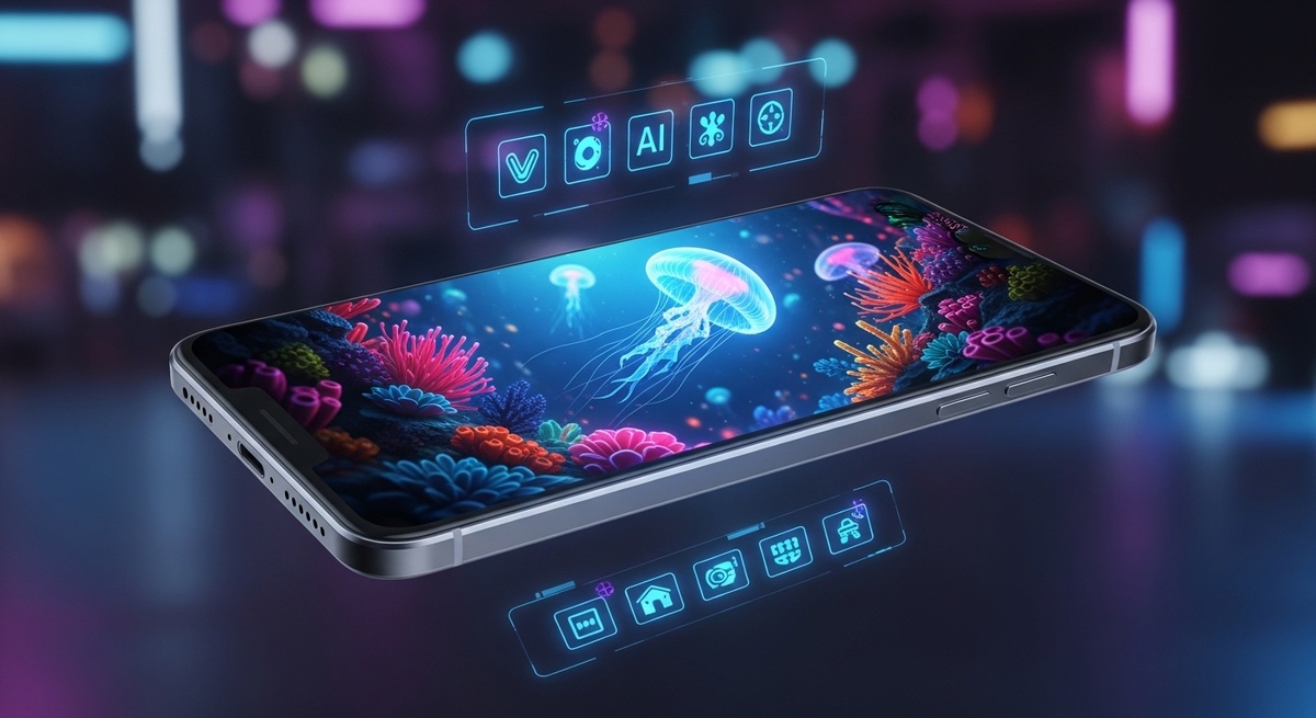 Смартфон в неоновом свете показывает вертикальное видео без водяных знаков, созданное искусственным интеллектом