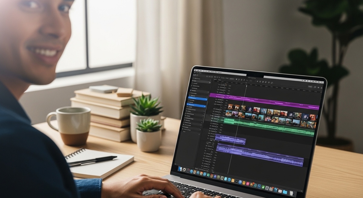 Блогер монтирует вертикальное видео без водяных знаков на ноутбуке в светлой современной студии