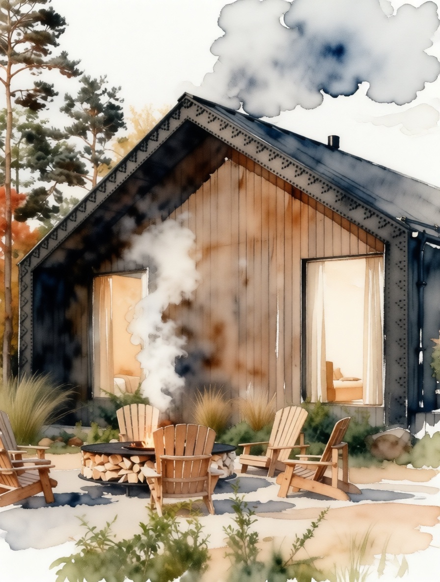 Дом в чистом виде барнхауса, но с русским настроением благодаря украшениям. Кресла адирондак у костровища - форма классная, но для русского барнхауса сомнительная. Слишком американские, слишком узнаваемые. Здесь хочется чего-то своего, более близкого.