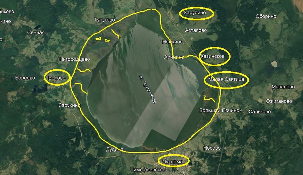 Озеро Чухломское представляет собой на карте круг с "выдранным куском".