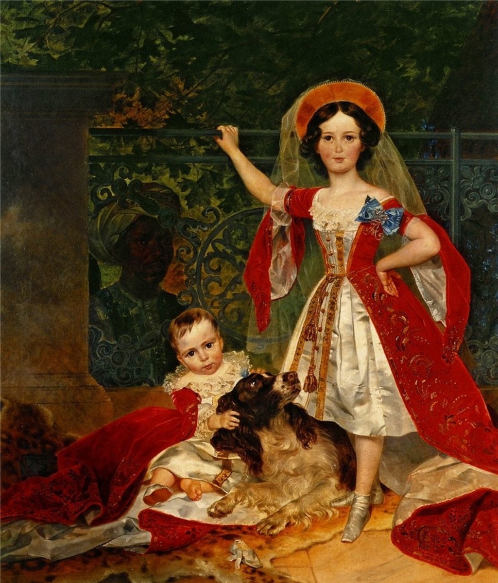 Карл Брюллов. Портрет детей Волконских с арапом. 1843. Холст, масло. Государственная Третьяковская галерея, Москва. На портрете изображены двоюродные сестры: княжна Елизавета Григорьевна, дочь гофмейстера князя Г. П. Волконского, и княжнаСофья Дмитриевна, дочь гофмейстера Д. П. Волконского. Княжны изображены в русских придворных костюмах, правда, с укороченнойдлиной из-за детского возраста фрейлин, с пожалованными им фрейлинскими шифрами.