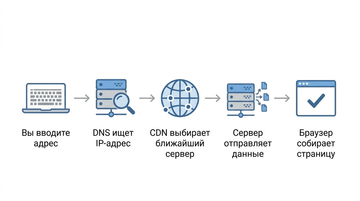 От нажатия клавиши до готовой страницы проходит меньше секунды - но за это время запрос успевает побывать в нескольких местах сразу