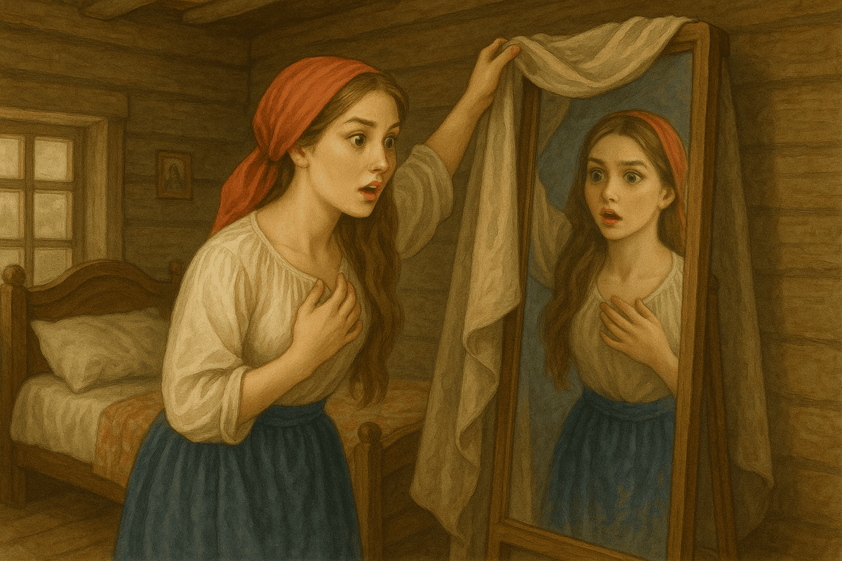 Стала она в комнате прибираться, дошла до этого угла, открыла шторку и смотрит — стоит перед ней красивая женщина, очень такая приятная, глаза голубые, брови черные, прическа красивая.