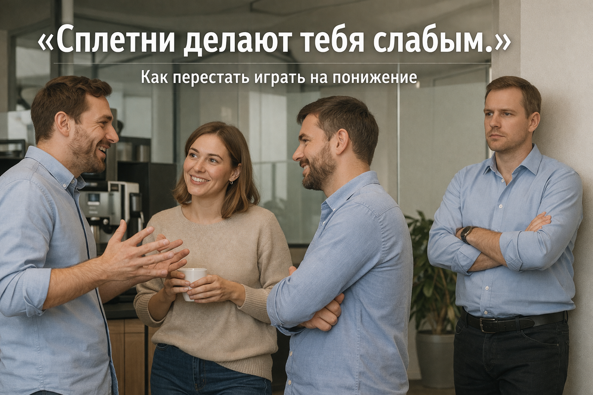 Группа людей в офисе, один эмоционально рассказывает, остальные слушают, один стоит в стороне.