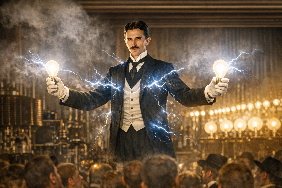 Он пропускает через своё тело двести пятьдесят тысяч вольт — и лампы в его руках вспыхивают