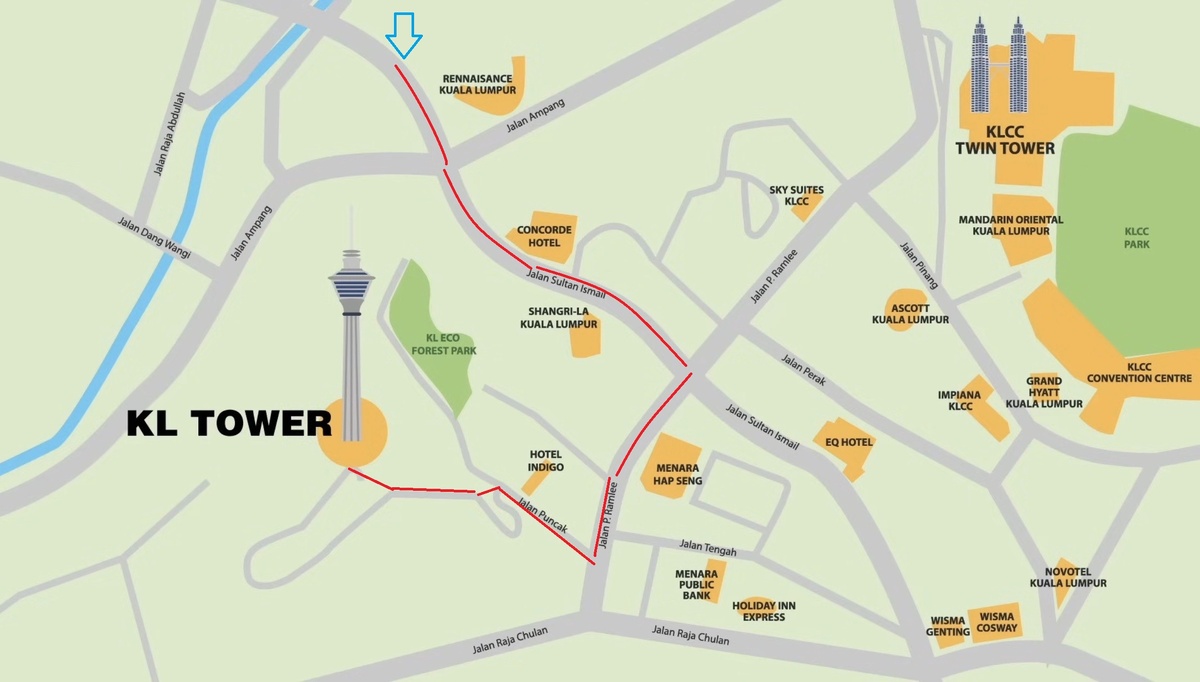 Маршрут от апартаментов Platinum 2 до KL Tower