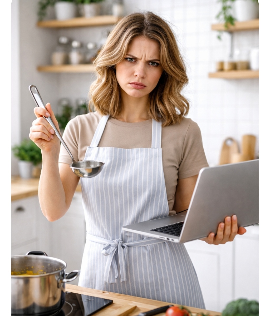 Вот так мы должны выглядеть по мнению нашего офиса. Даже во время готовки работать. Фото чат джипити. 