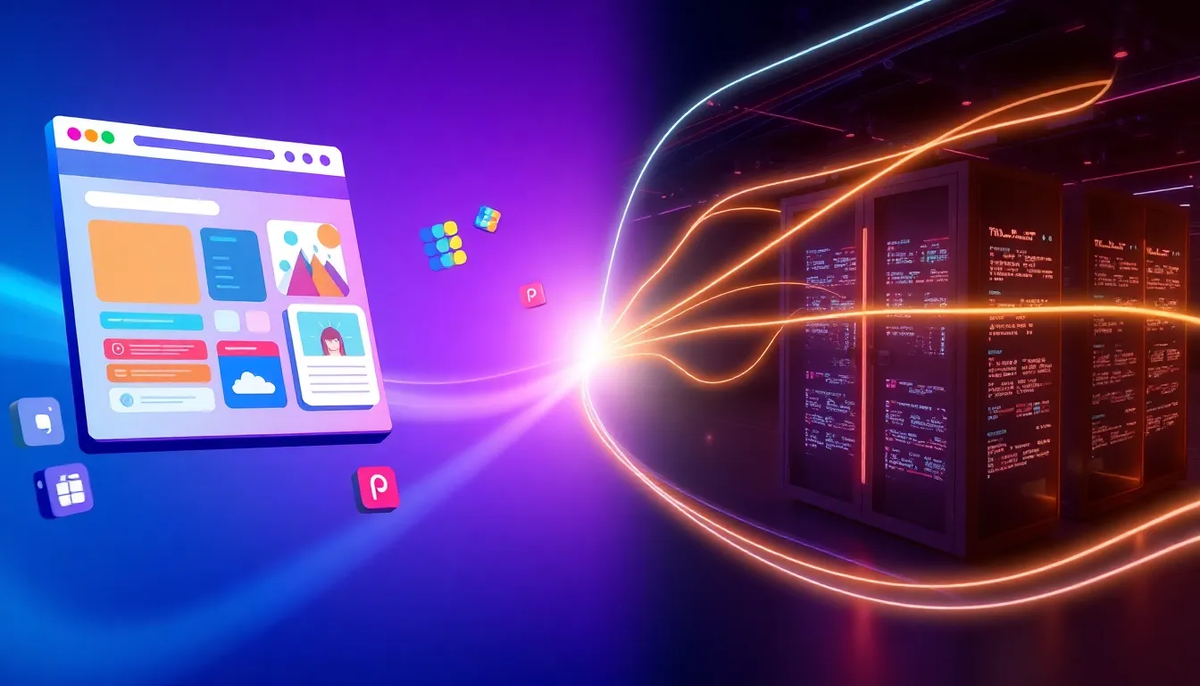 Визуализация frontend backend разницы: интерфейс сайта и серверная часть в одном изображении.